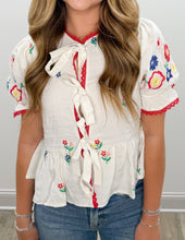 Load image into Gallery viewer, Looking Like A Star Embroidered Tie Puff Trim Top