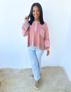 A Heart Like Mine Terry Knit Henley Top in Dusty Rose