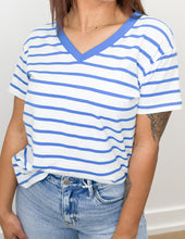 Load image into Gallery viewer, Only One Striped V-Neck Top in Ocean Blue