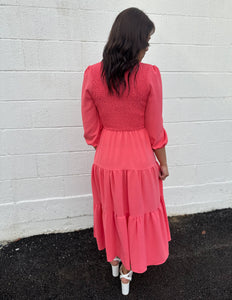 Loved By You Smocked Tiered Midi Dress Coral