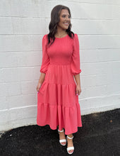 Load image into Gallery viewer, Loved By You Smocked Tiered Midi Dress Coral