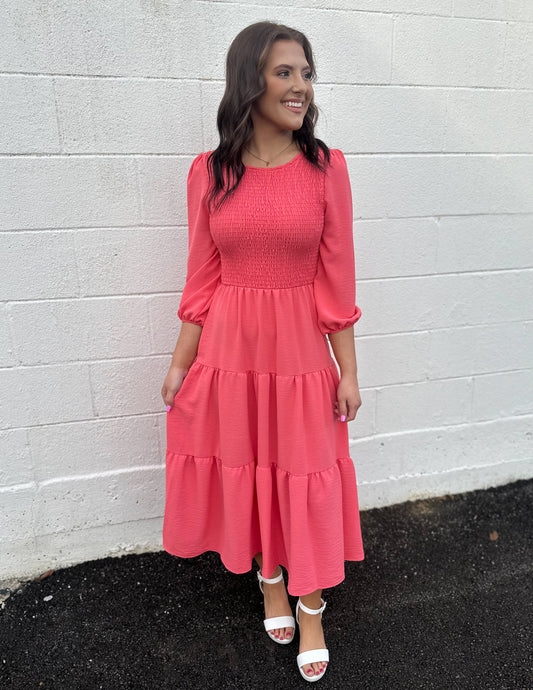 Loved By You Smocked Tiered Midi Dress Coral