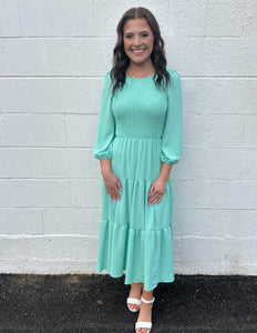 Loved By You Smocked Tiered Midi Dress Mint