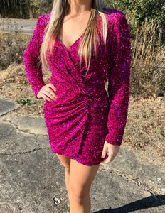 Holiday Romance Sequin Wrap Dress Fuchsia