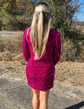 Load image into Gallery viewer, Holiday Romance Sequin Wrap Dress Fuchsia