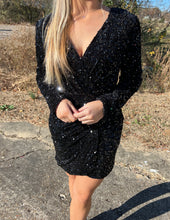 Load image into Gallery viewer, Holiday Romance Sequin Wrap Dress Black