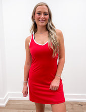 Load image into Gallery viewer, I&#39;m Watching You Tennis Romper Dress in True Red/White