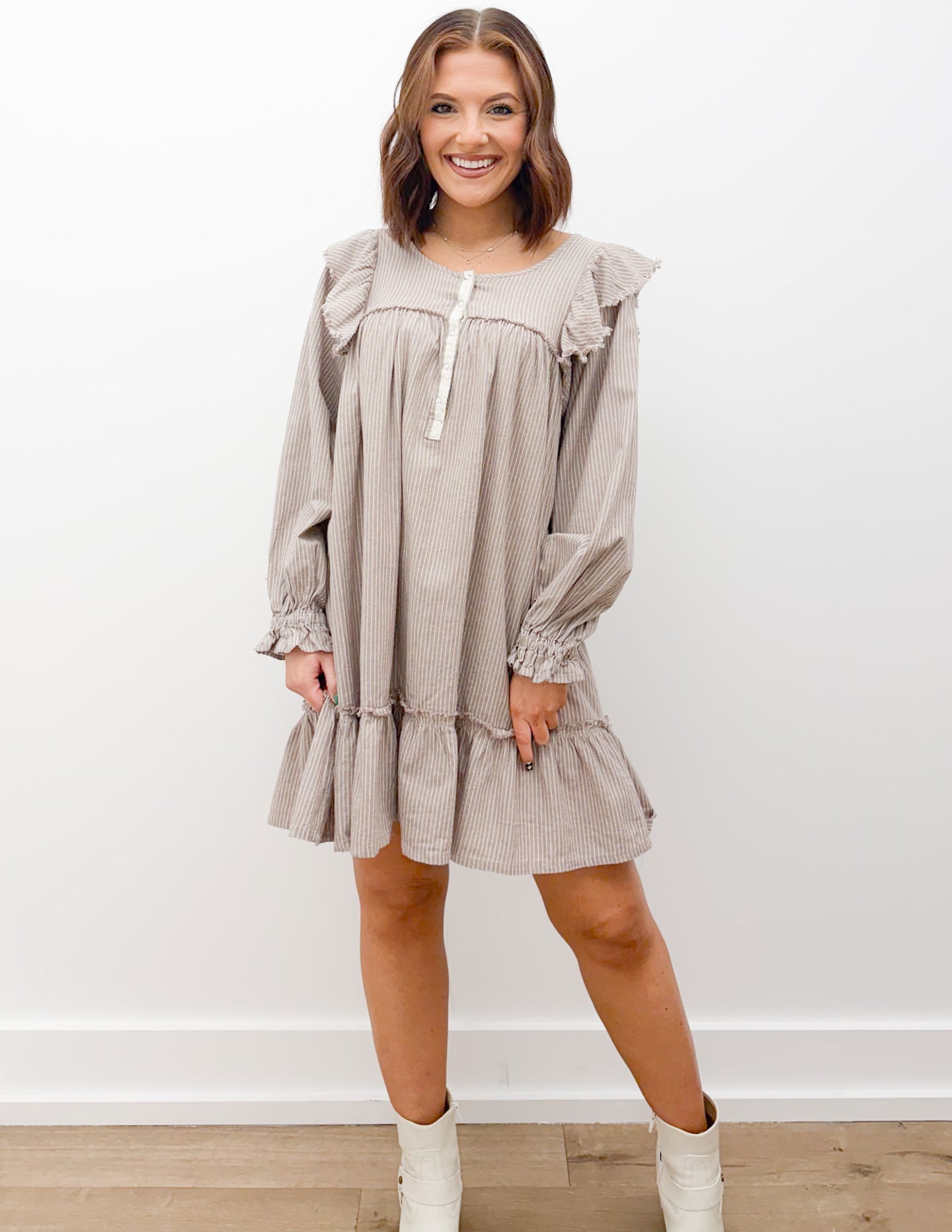 We Don't Long Sleeve Smock Mini Dress in Taupe