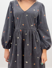 Load image into Gallery viewer, Same As Me Floral Embroidered Corduroy Mini Dress in Charcoal
