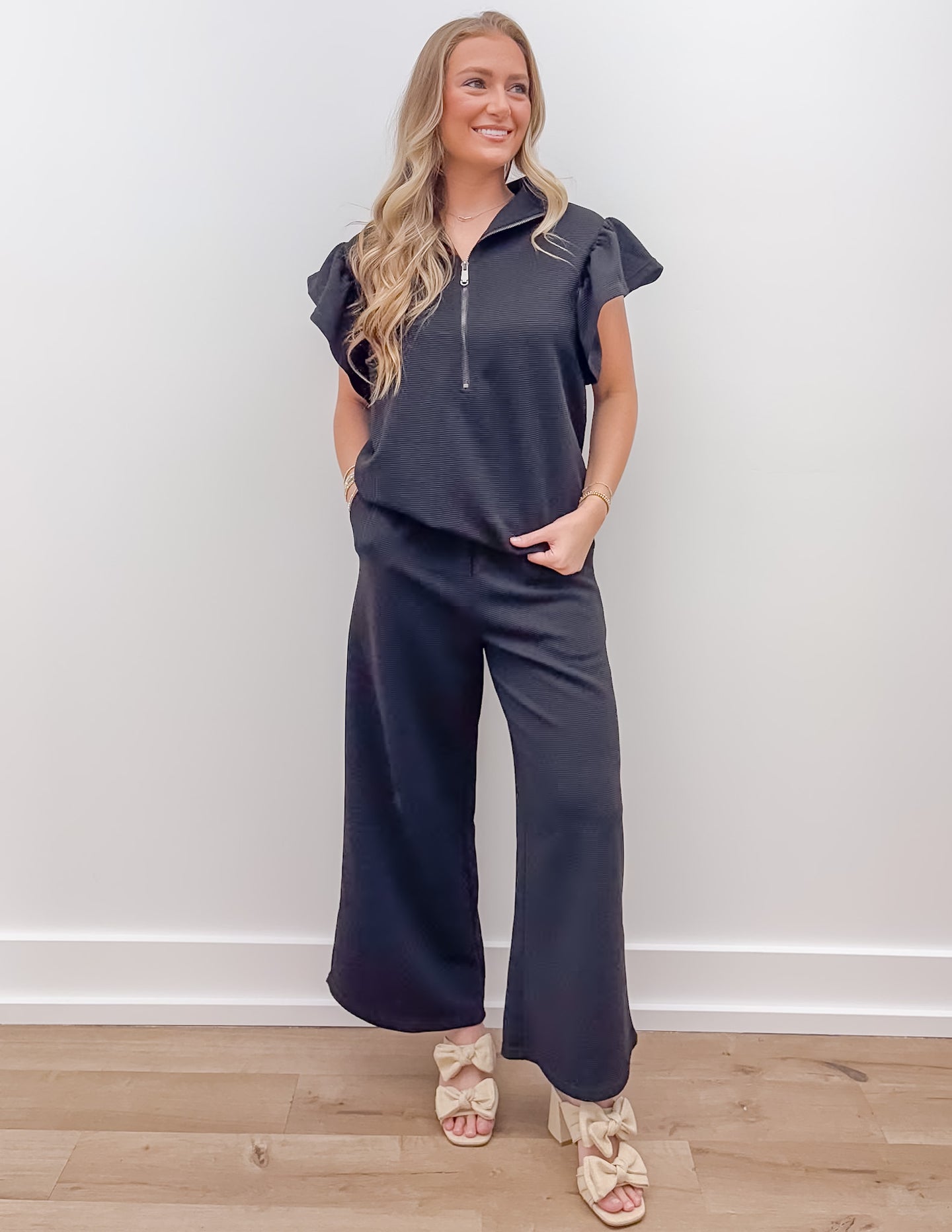 Broken Down Ruffle Top and Pants Set in Black