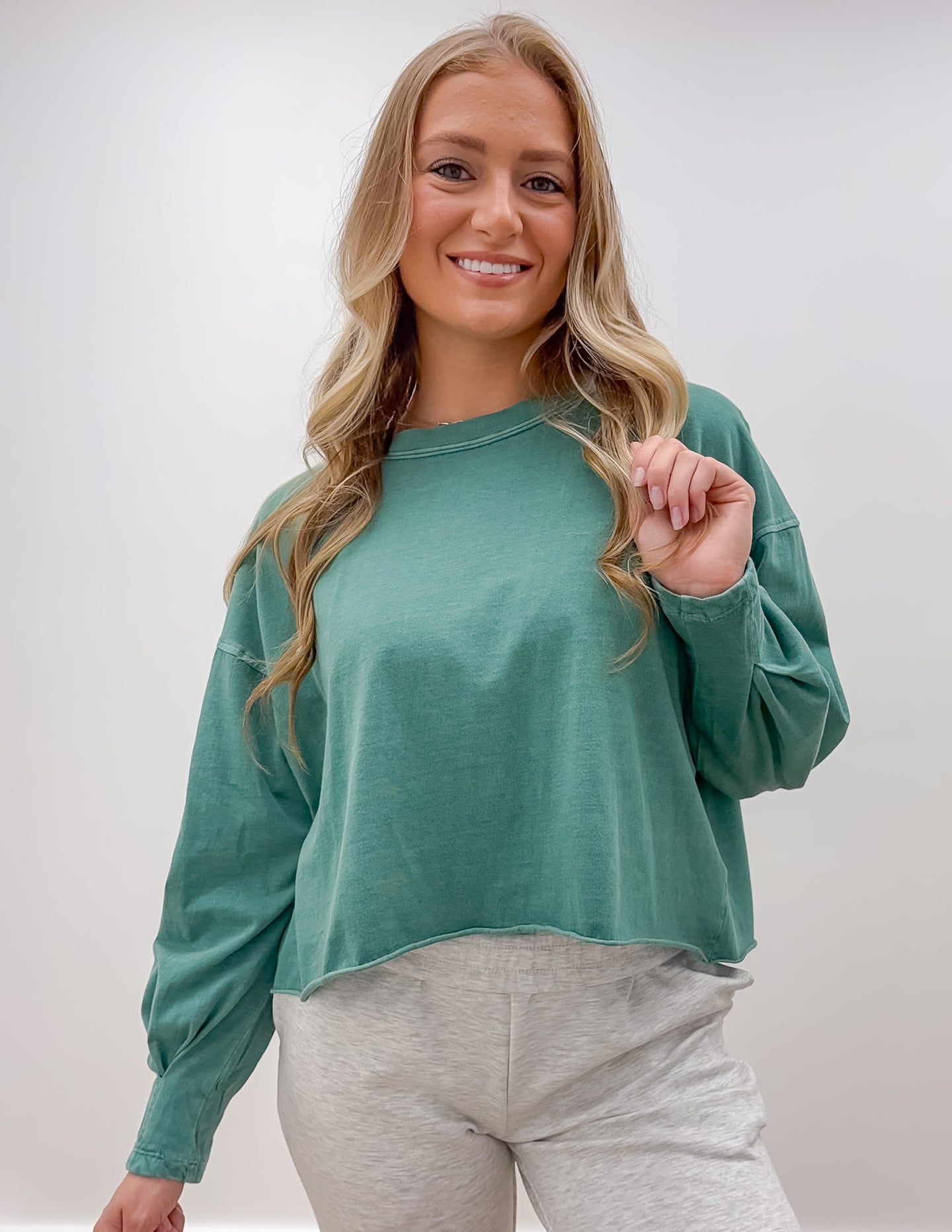 I Need You More Oversized LS Cropped Top in Dk. Green