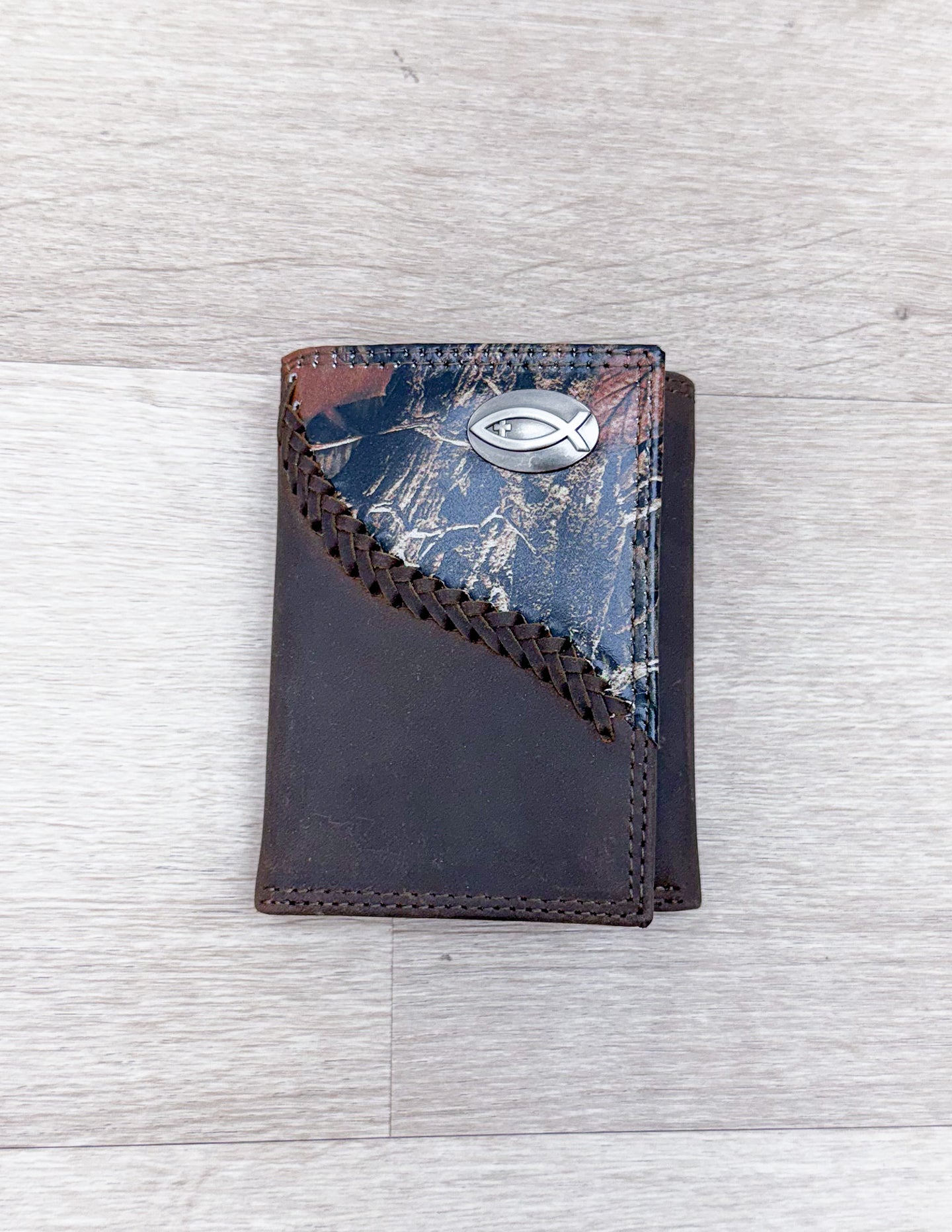 Fencerow Camo Trifold Christian Fish Wallet
