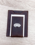 Light Brown Crazy Horse Christian Fish Front Pocket Wallet