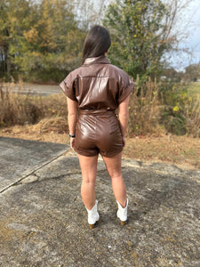 Take Me Back Faux Leather Romper Brown