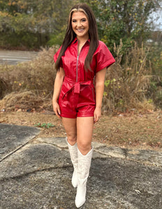 Take Me Back Faux Leather Romper Red