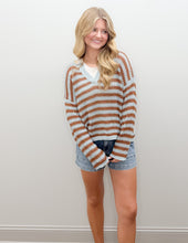 Load image into Gallery viewer, Trying To Find Stripe Split Neck Sheer Knit Sweater in Lt Blue