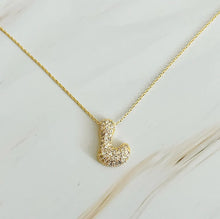 Load image into Gallery viewer, Crystal Bubble Letter Gold Initial Necklace