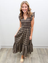 Load image into Gallery viewer, Saw You Cry Plaid Smocked V-Neck Button Down Midi Dress