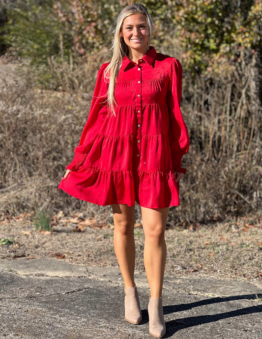 Shining Everyday Rhinestone Dress - Red