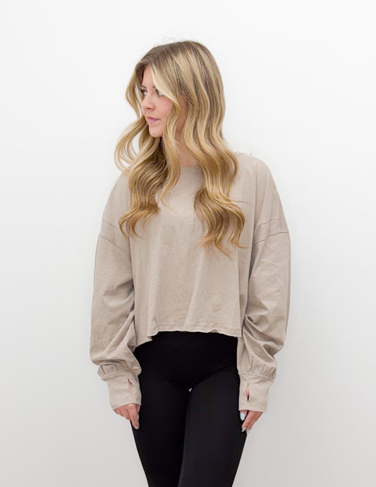 Without You Cotton Slub Open Back LS Top in Taupe