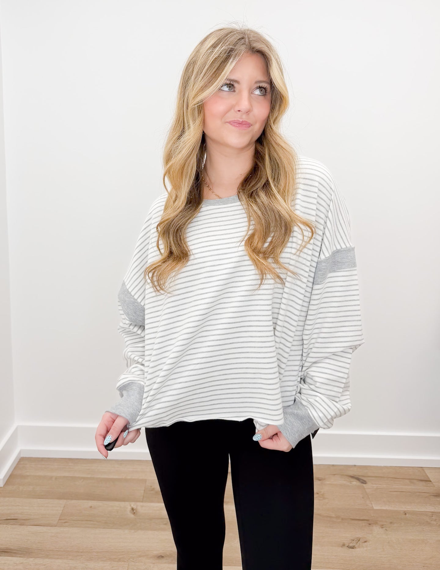 Seems Like Yesterday Striped Cutout Back Sweatshirt in White/Grey