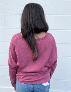 Out for Fun Ribbed Pocket Sweater Dusty Wine