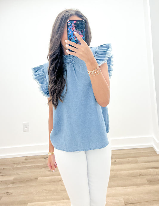 So Simple Now Denim Ruffle Sleeves Top