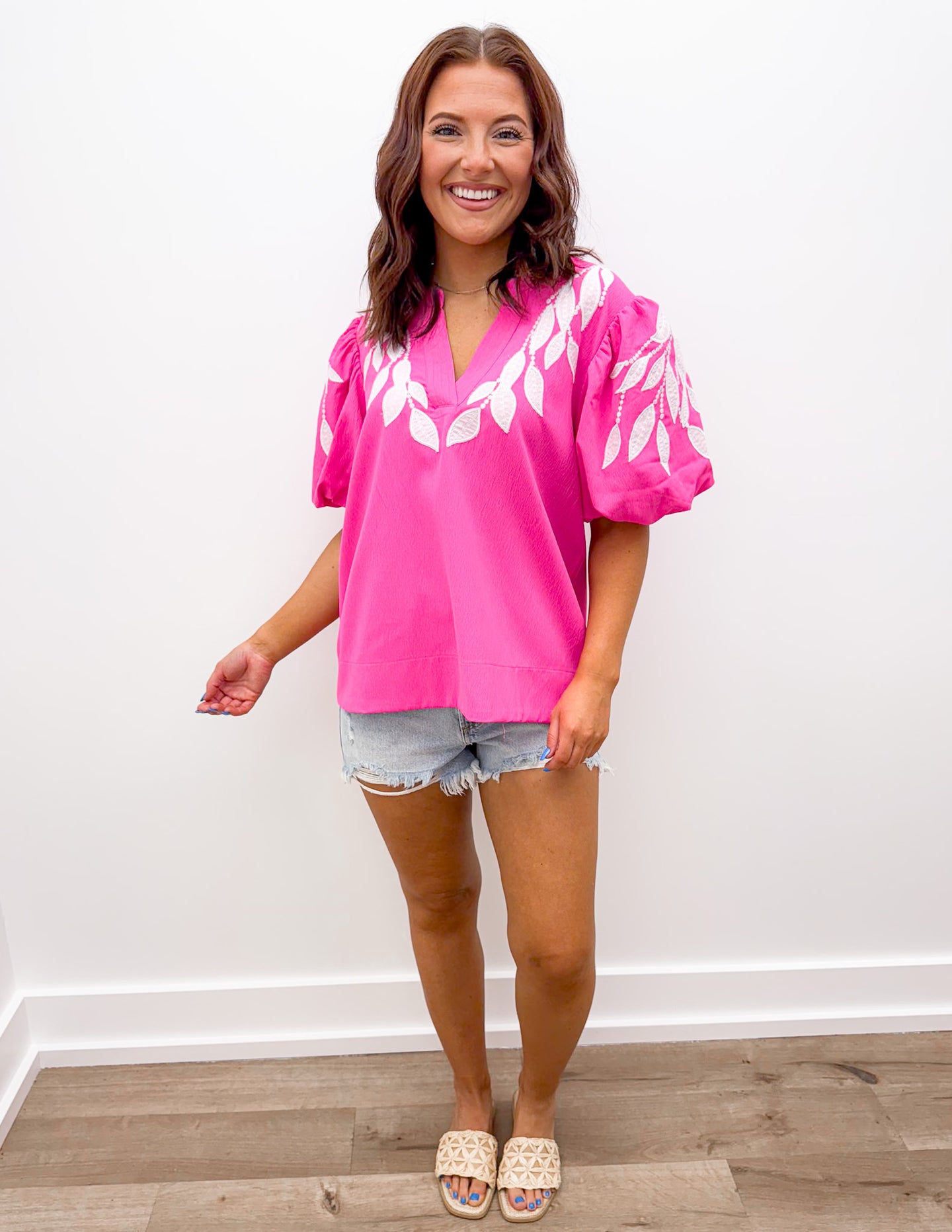 Finding Myself Leaf Embroidered Puffed Sleeves Top in Hot Pink