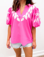 Load image into Gallery viewer, Finding Myself Leaf Embroidered Puffed Sleeves Top in Hot Pink