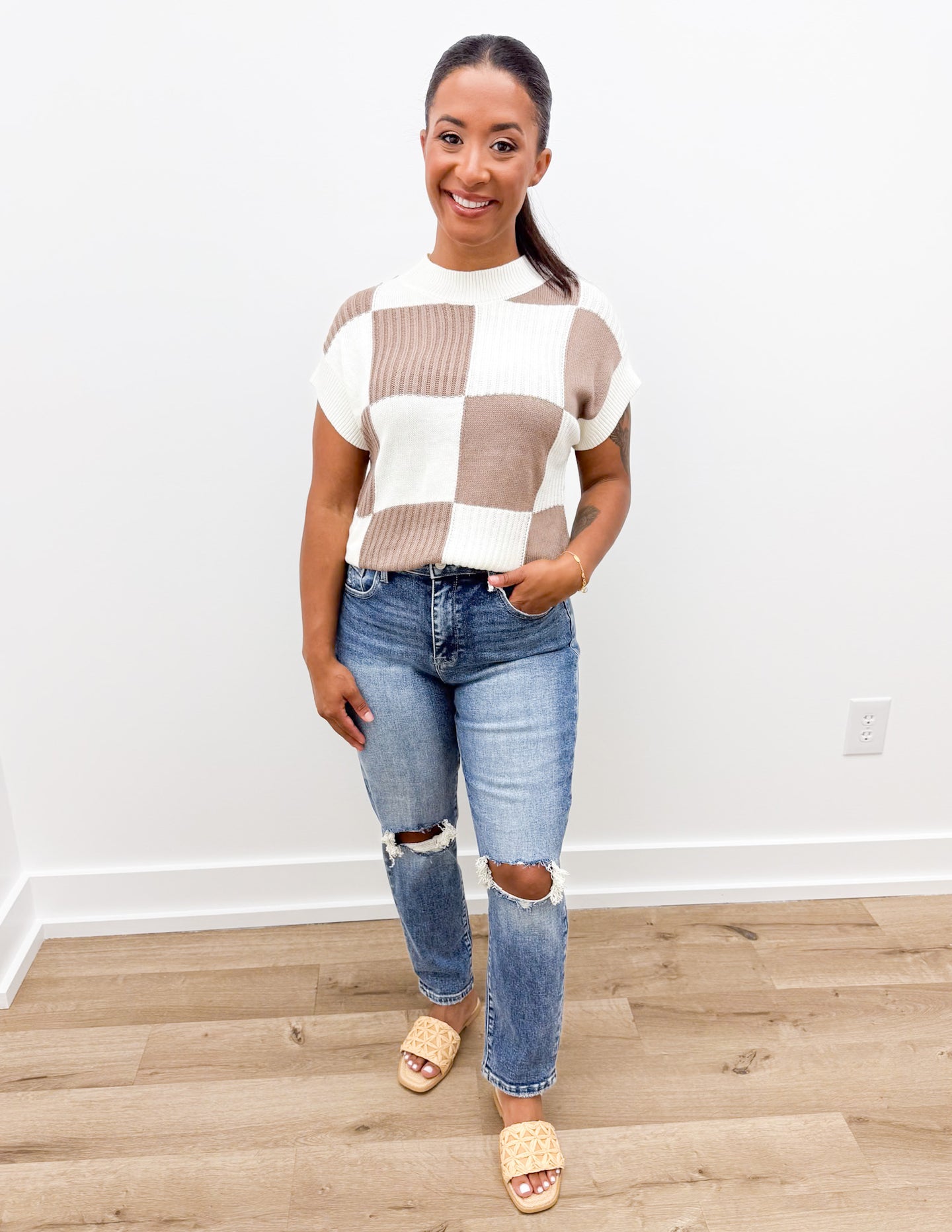 Nobody But Me Checkered SS Sweater Top