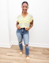 Load image into Gallery viewer, Spring Days Stripped Button-Up Sweater Top in Lemon/Blue