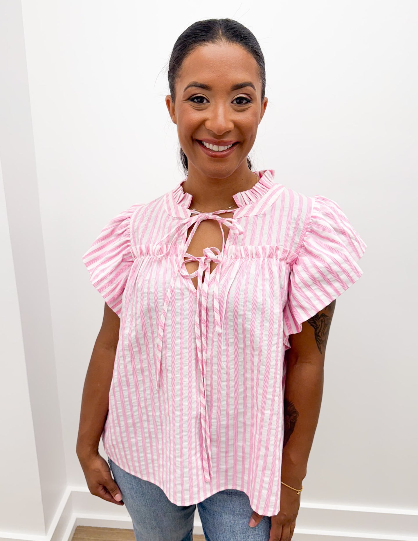 Make A Way Stripe Woven Ruffled Sleeve Front Bow Top