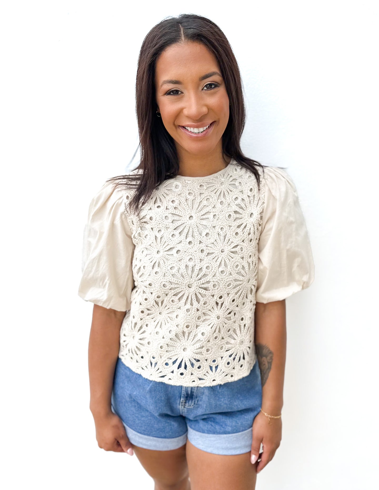 Back In My Arms Crochet Balloon Sleeve Blouse