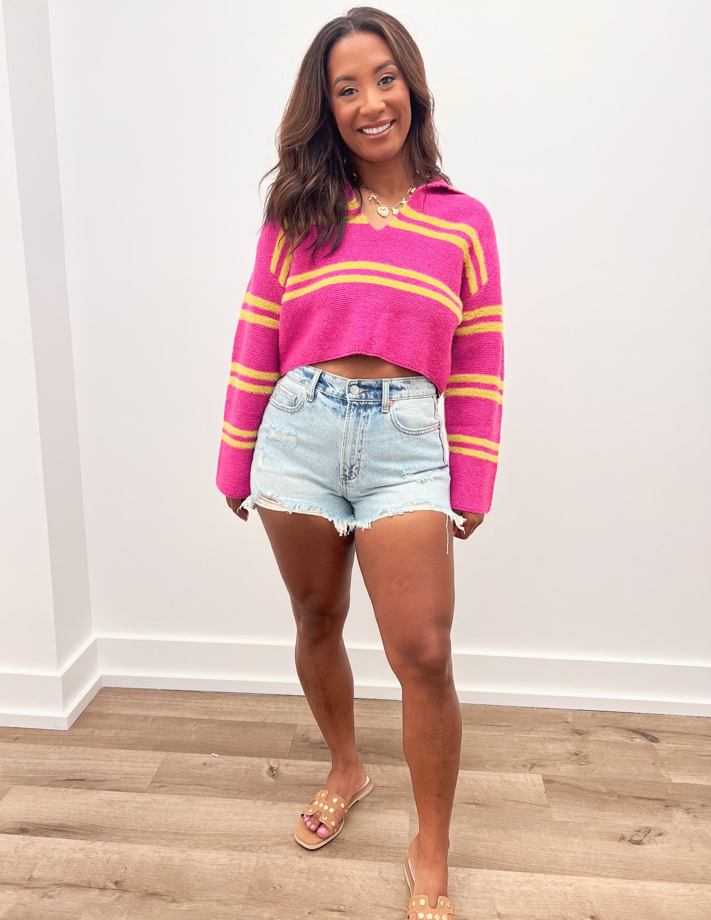 Deeper Than It Seems Stripe Crop Collar Sweater Top in Pink/Lime