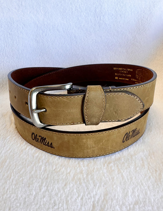 Crazy Horse Light Brown Stitch Leather Embossed Ole Miss Belt