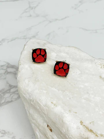 Game Day Paw Print Printed Stud Earrings Red