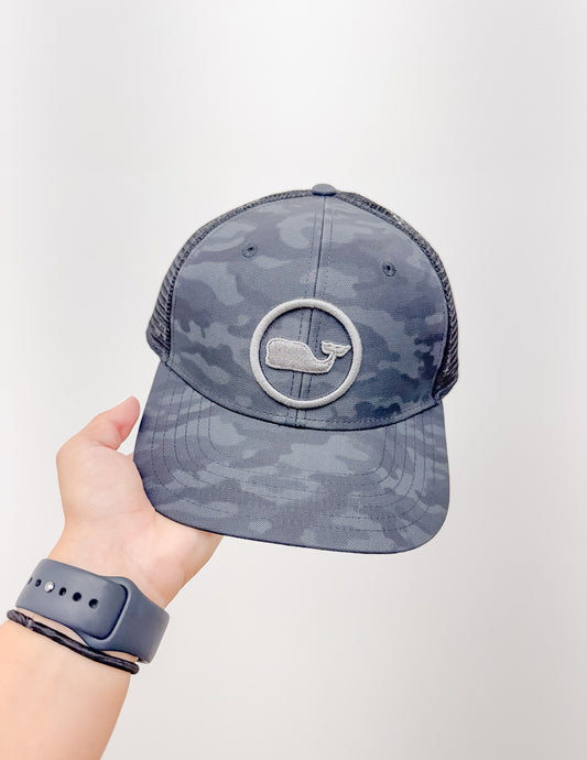 Vineyard Vines Camo Whale Dot Trucker Hat in Gray Harbor