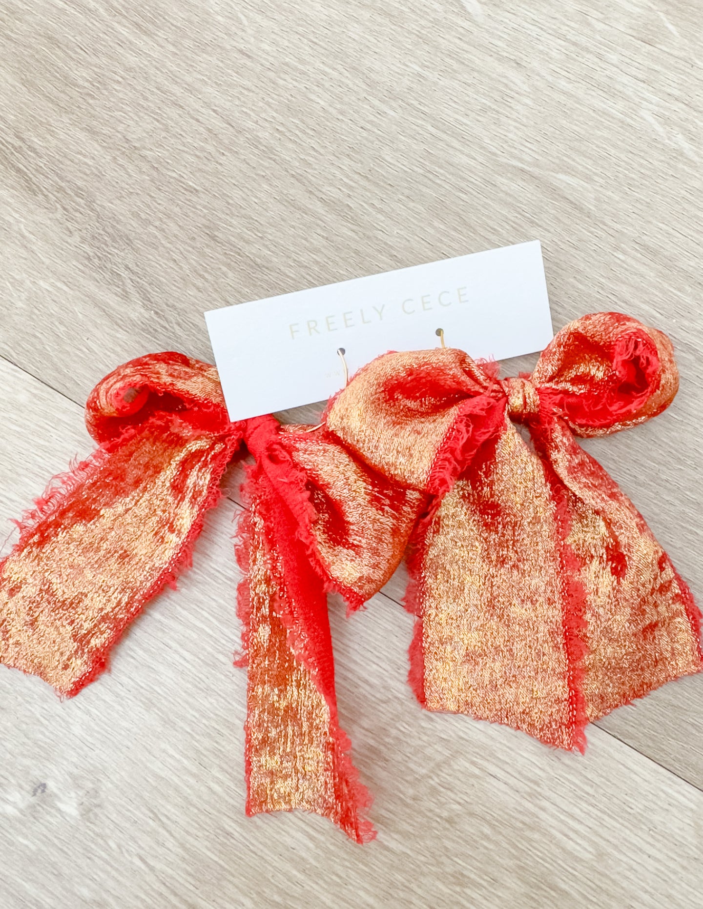 Hand Tied Ribbon Bow Earrings - Red/Gold