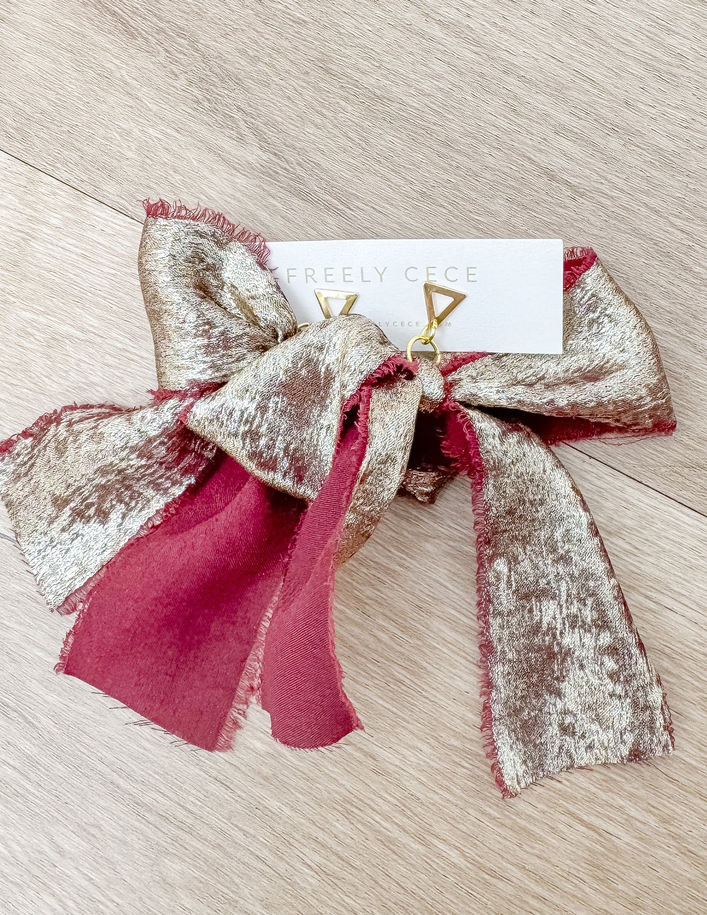 Hand Tied Ribbon Bow Earrings - Maroon/Gold