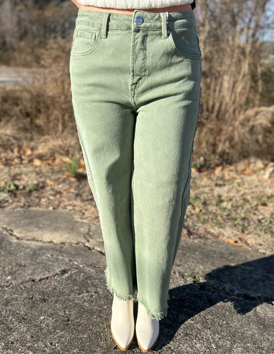 Always Giving High Rise Wide Leg Crop Jeans Olive