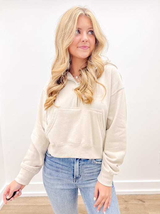 Loving How I Am Living Basic Fleece Half Zip Hoodie in Beige