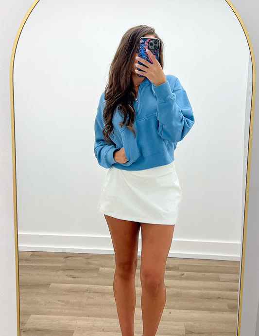 Loving How I Am Living Basic Fleece Half Zip Hoodie in Steel Blue