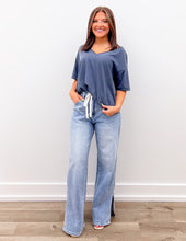 Load image into Gallery viewer, Never Looking Back V-Neck SS Knit Top in Navy