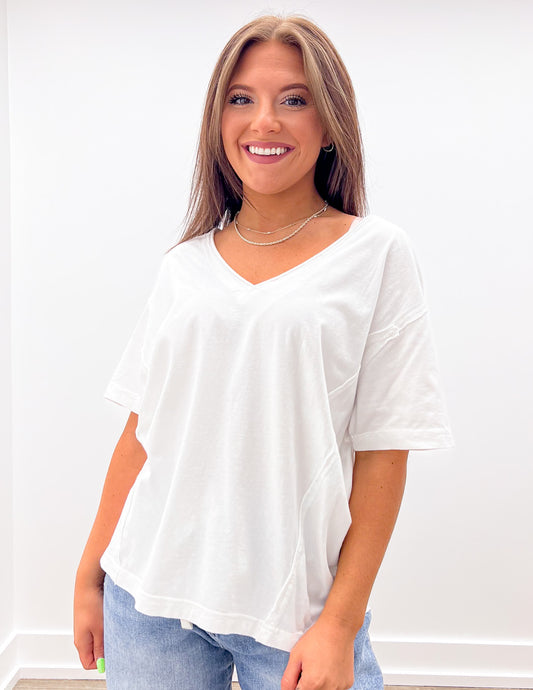 Never Looking Back V-Neck SS Knit Top in White