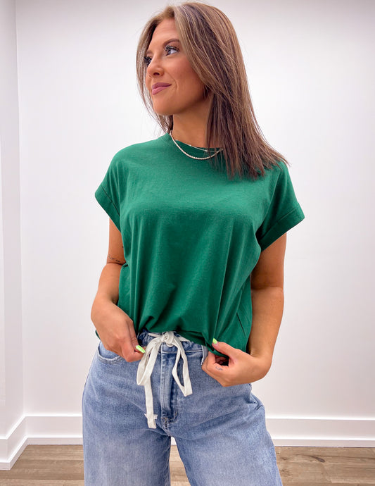 That's Crazy Round Neck Folded SS Top in Dark Green