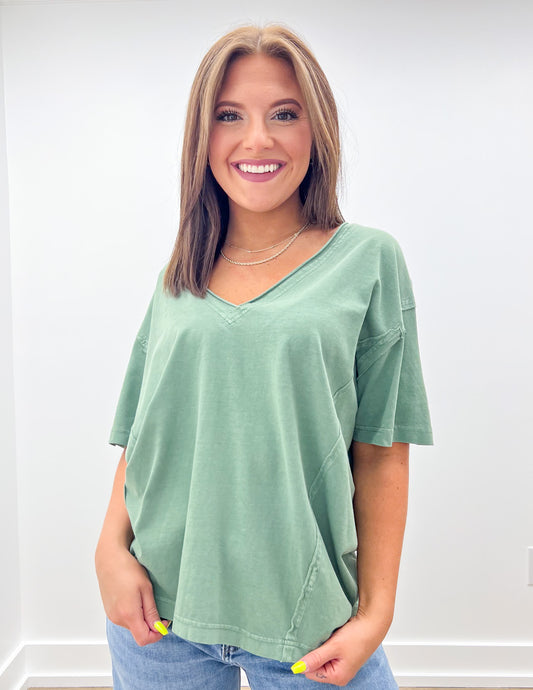 Never Looking Back V-Neck SS Knit Top in Olive