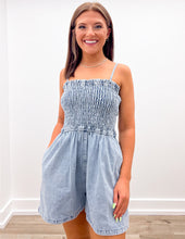 Load image into Gallery viewer, Sticking Around Smocked Denim Romper
