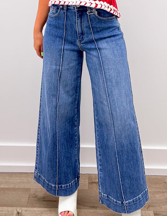 Turn It Up High Rise Pin Tuck Detail Wide Leg Jeans