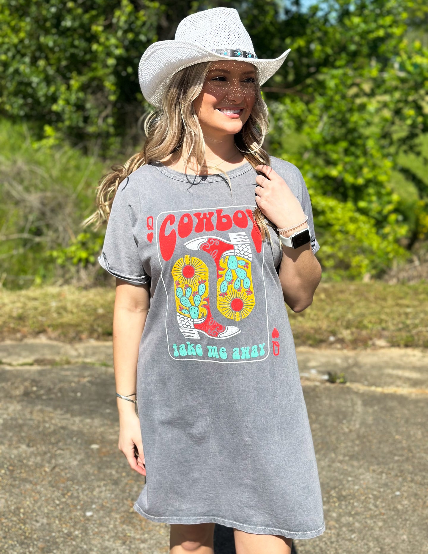 Cowboy Take Me Away Country Graphic Tee - T Shirt Dress - Mineral Wash Gray, Extra Large | Hazel and Olive | Boutique Fashion