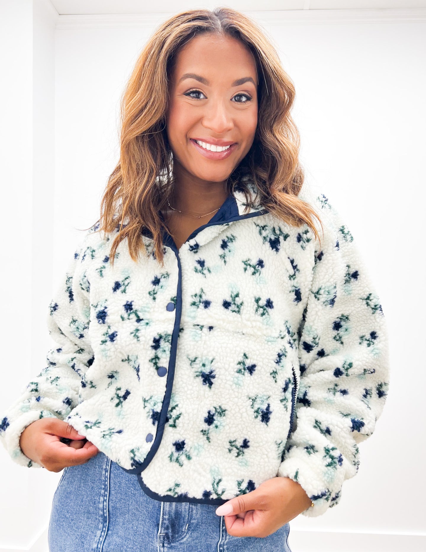 Remember Me Floral Print Fleece Jacket in Ivory/Navy
